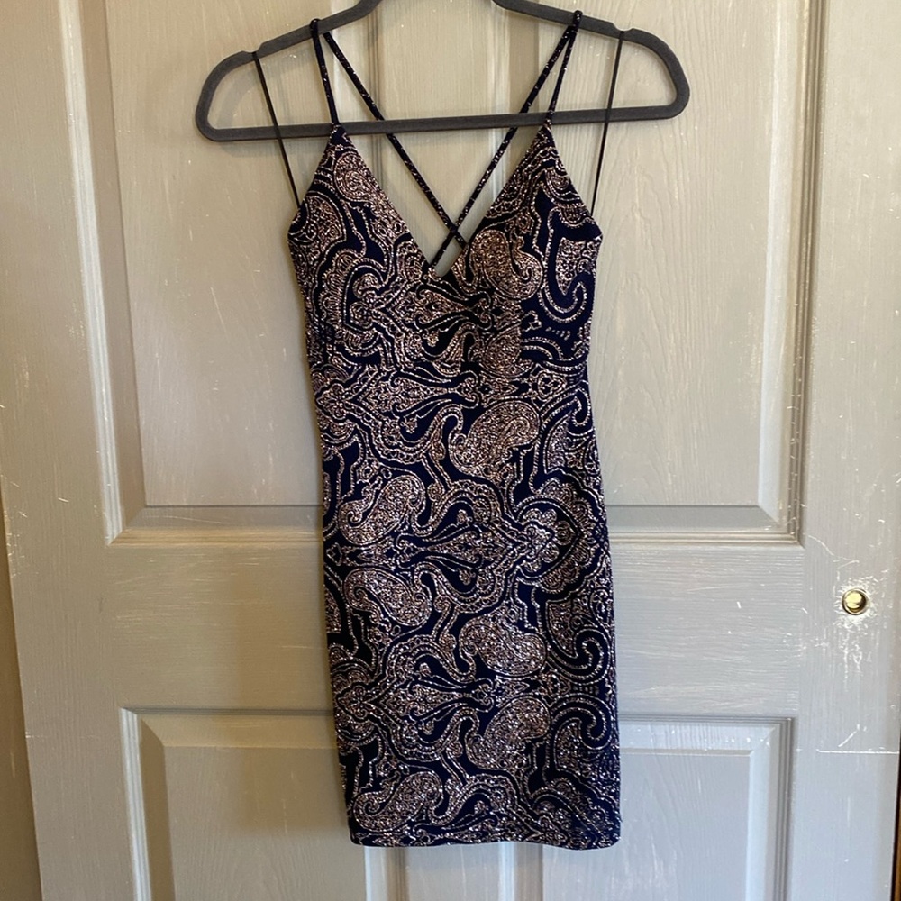 Lovely day dress S sparkly fitted cross back spaghetti straps rose gold and blue